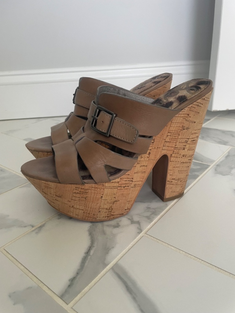 Sam Edelman Chase Cork Platform Sandals Taupe Leather High Heel Wedges - Picture 3 of 9